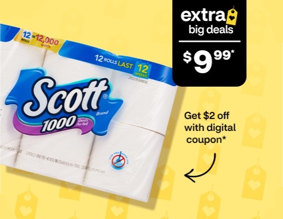 $9.99, get $2 off with digital coupon, Scott 1000 bathroom tissue