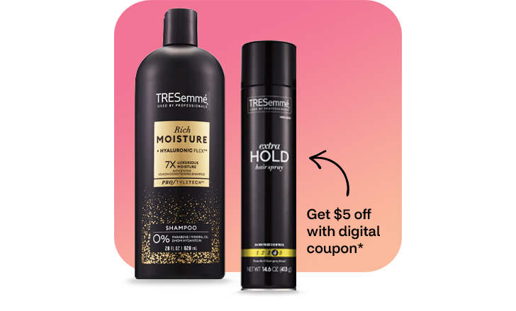 Get $5 off with digital coupon, TRESemmé hyaluronic flex shampoo and extra hold hair spray