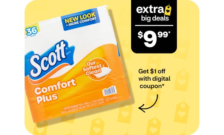 $9.99, get $1 off with digital coupon, Scott Comfort Plus bathroom tissue
