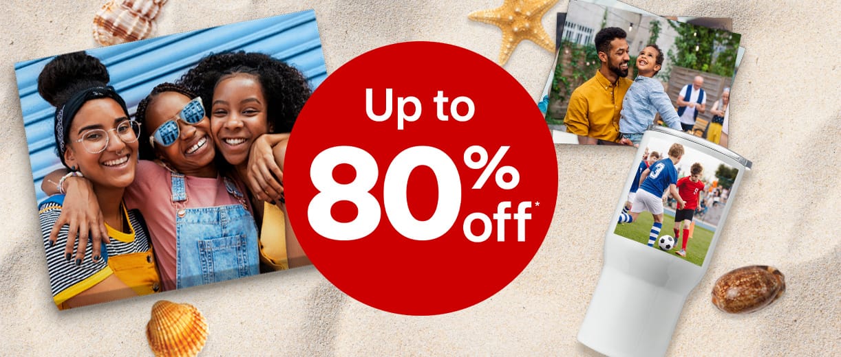 Up to 80% off. Personalized photo cards of smiling friends and a parent with a small child, and a tumbler with a photo of kids playing soccer against a sandy beach background with sea shells.