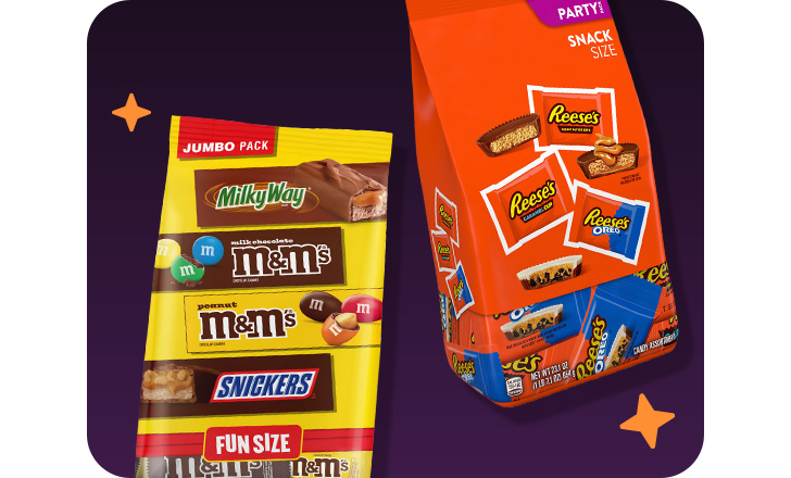 Two Jumbo packs of Halloween candy, including MilkyWay, M&M's, peanut butter M&M's, Snickers, Reese's and more