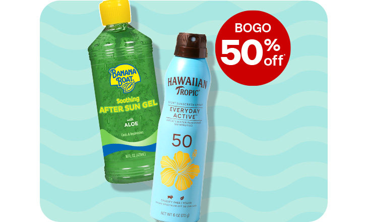 Buy 1, get 1 50% off. Banana Boat After Sun Gel and Hawaiian Tropic sunscreen