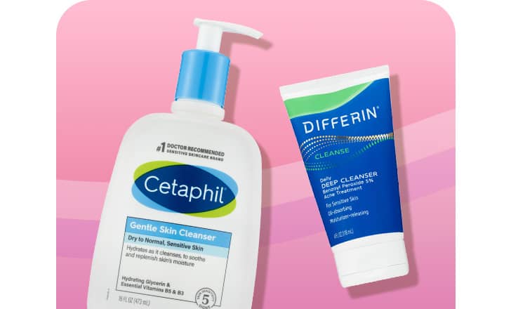 Cetaphil Gentle Skin Cleanser and Differin Deep Cleanser skin care products.