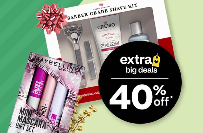 Get 40 percent off holiday gift sets, a box each of Maybelline Mini Mascara and Cremo Barber Grade Shave Kit gift sets.