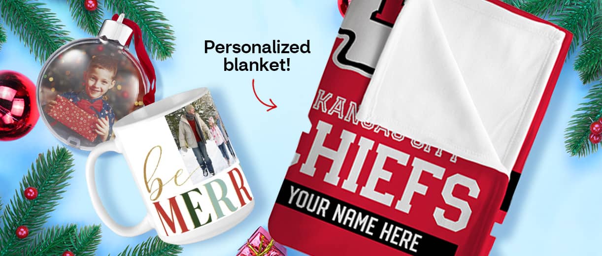 Personalized Chiefs blanket, be merry mug, photo ornament