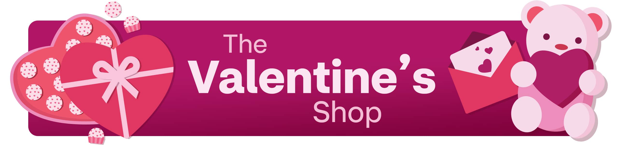 The Valentine's Shop, illustrations of a heart-shaped candy box, a card and a teddy bear holding a heart