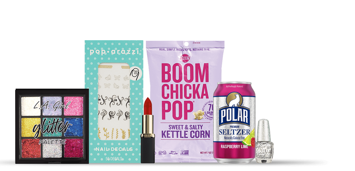 L.A. Girl Glitter Palette, Pop-arazzi nail decals, L’Oréal Paris Colour Riche Lipstick, Boom Chicka Pop Sweet & Salty Kettle Corn Popcorn, Polar Raspberry Lime Seltzer, L.A. Colors Glitter Vibes nail polish.