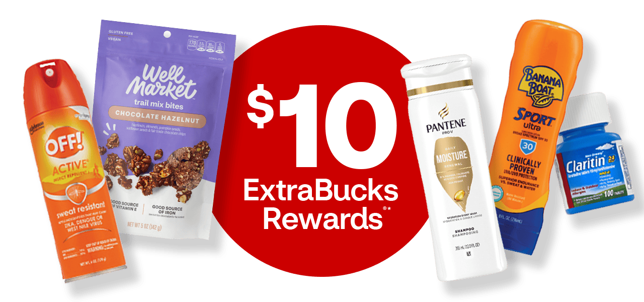 OFF! insect repellent, Well Market trail mix bites, Pantene conditioner, Banana Boat sunscreen, Claritin allergy relief product. $10 ExtraBucks Rewards.