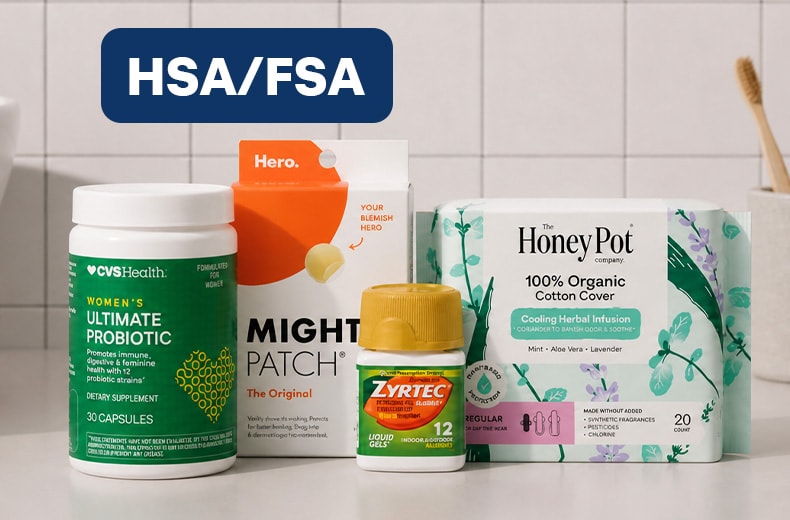 HSA/FSA eligible health products displayed on a bathroom countertop, including supplements, pain relief patches, cough drops, and feminine care products, with an HSA/FSA label shown above the products.