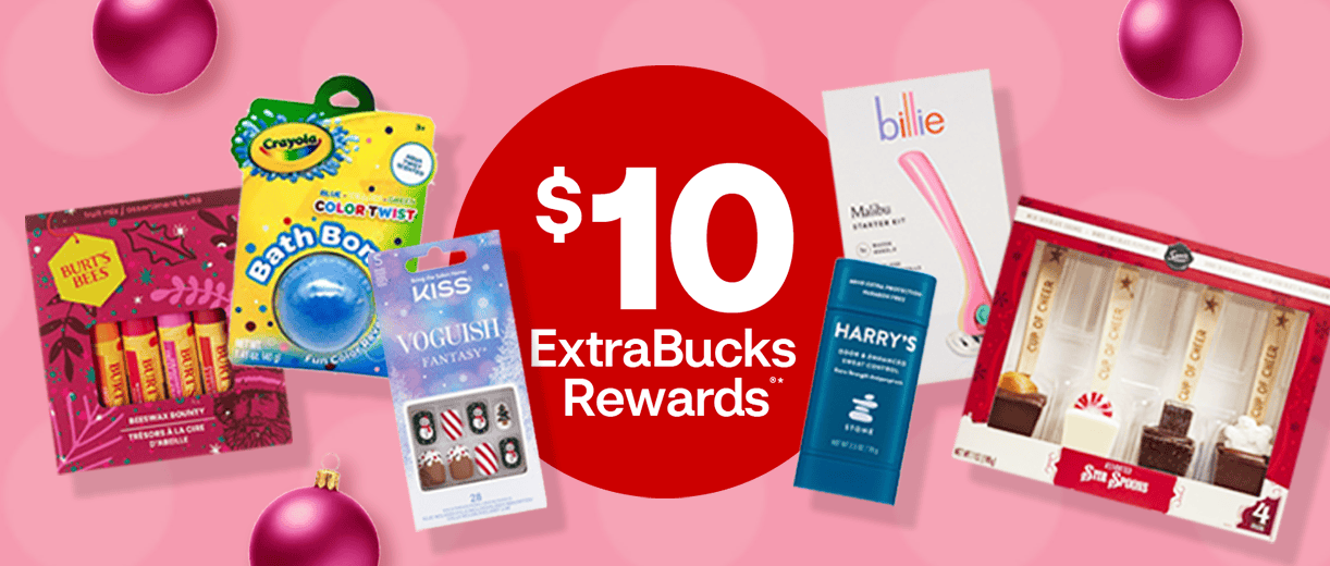 $10 en recompensas ExtraBucks Rewards, paquetes de set de regalo de bálsamo labial Burt's Bees, bomba de baño Crayola, uñas a presión Kiss, desodorante Harry's, rasuradora Billie y set de regalo Stir Spoons