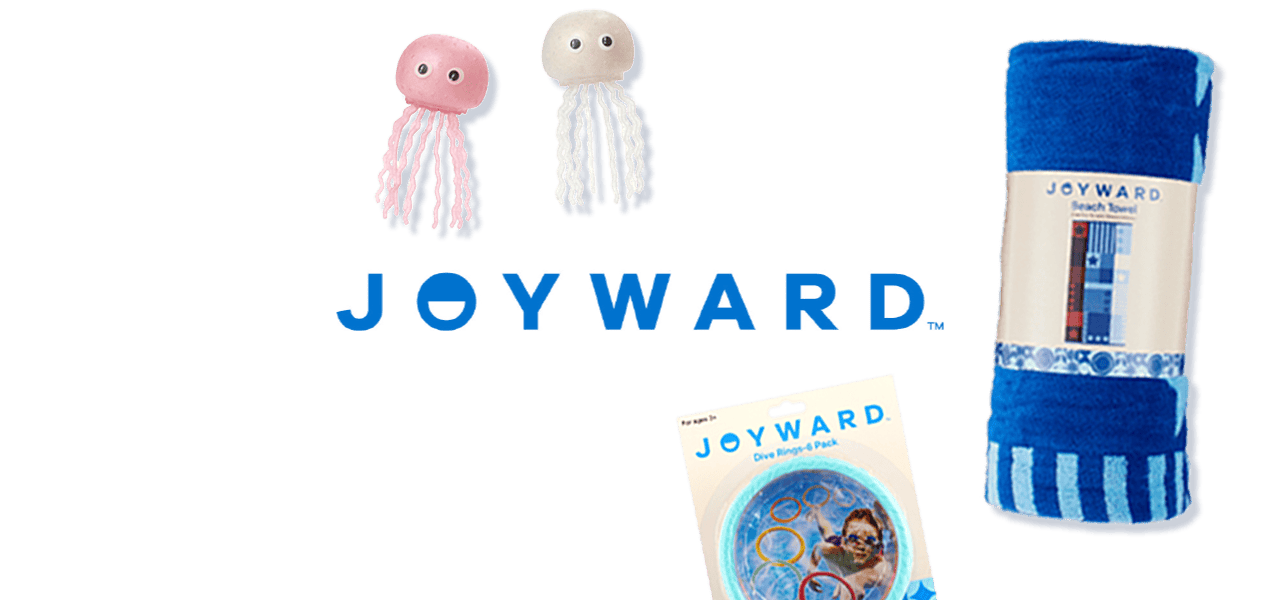 Joyward black-and-white striped bag, blue striped towel and 6-pack pool Dive Rings with jellyfish squishy toys.
