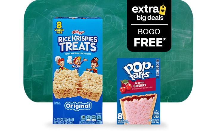 Extra Big Deals. Buy 1, get 1 free. Rice Krispies Treats and frosted cherry Pop-Tarts against a school chalkboard