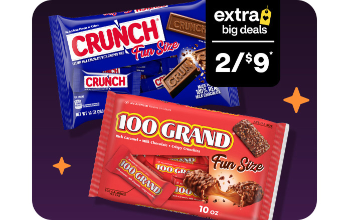 Extra Big Deals, two for $9. Fun size bags of Crunch and 100 Grand candy.