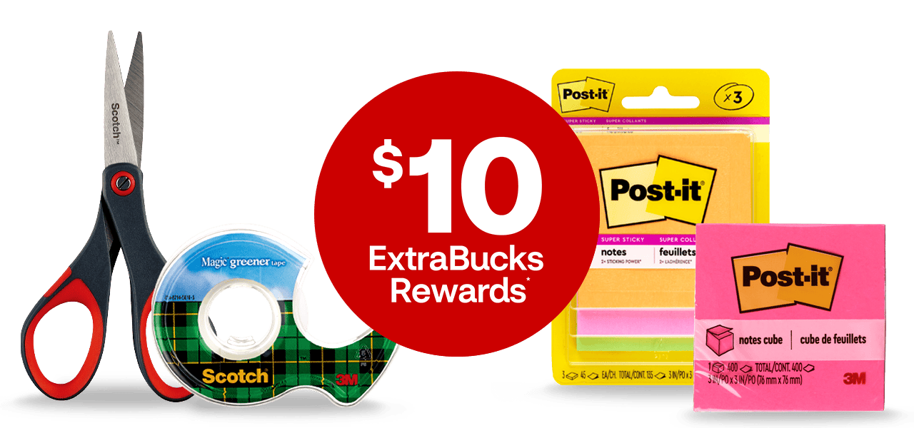 $10 ExtraBucks Rewards, back-to-school supplies including scissors, tape and post-it notes