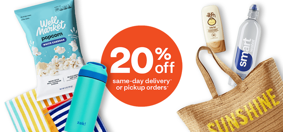 Well Market popcorn, beach towel, Zaki insulated bottle, Sun Bum sunscreen, smartwater bottle and tote. 20 percent off same-day delivery or pickup orders.