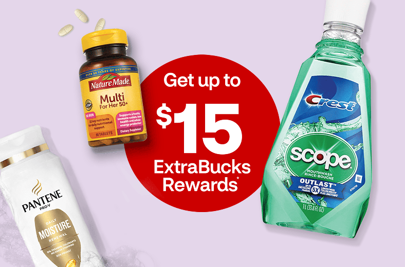 Get up to $15 ExtraBucks Rewards on select women's wellness products, showing Pantene hair conditioner, Nature Made vitamins, Crest Scope mouthwash