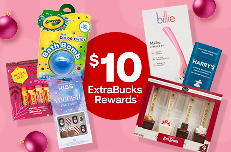 $10 en recompensas ExtraBucks Rewards, paquetes de set de regalo de bálsamo labial Burt's Bees, bomba de baño Crayola, uñas a presión Kiss, desodorante Harry's, rasuradora Billie y set de regalo Stir Spoons