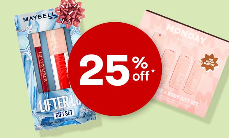 Twenty-five percent off, Maybelline Lifter Lip gift set and Monday Body Gift Set