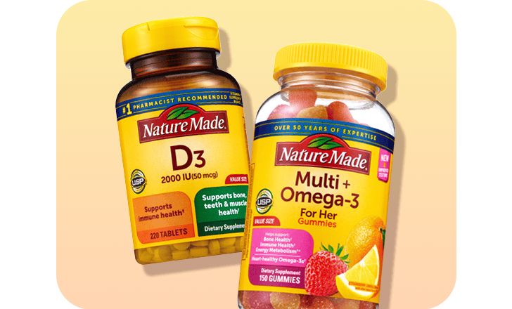 Bottles of Nature Made D3 caplets and Multi Plus Omega 3 gummies.