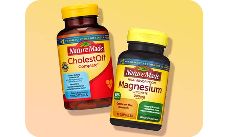 Bottles of Nature Made CholestOff and Magnesium supplements.