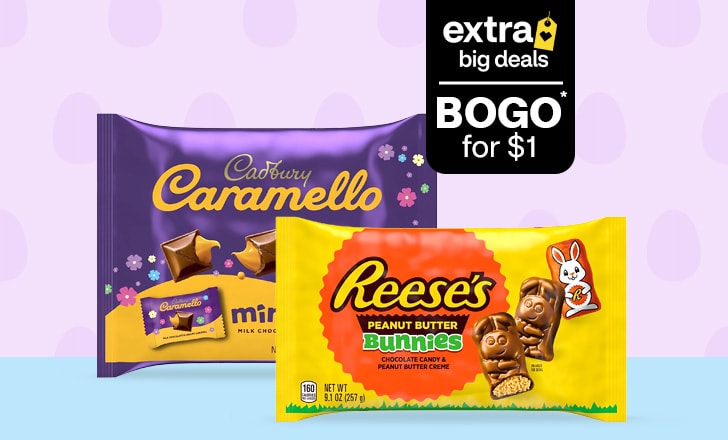 Extra big deals, buy 1, get 1 for $1. Cadbury Caramello and Reese's peanut butter bunnies