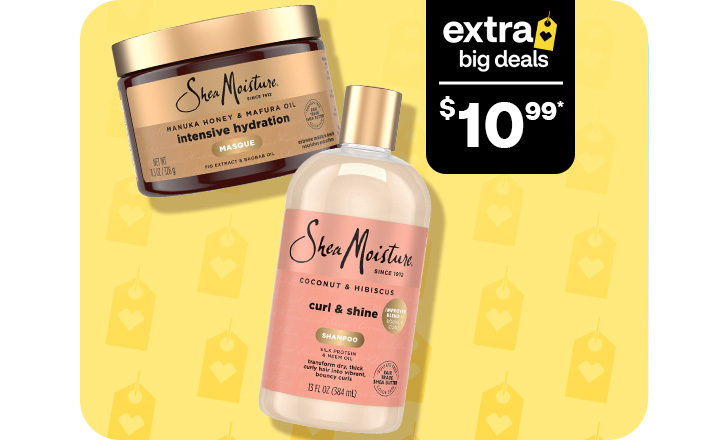 Extra Big Deals. Sale price $10.99. SheaMoisture Intensive Hydration masque and SheaMoisture Coconut & Hibiscus Curl and Shine shampoo