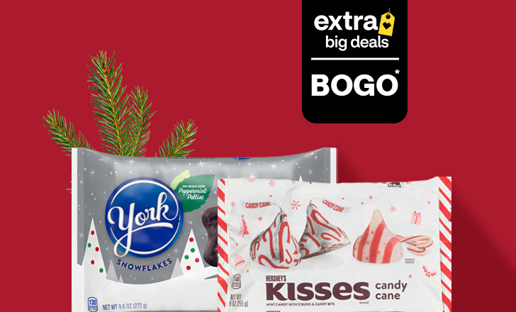 Buy one, get one, York snowflakes peppermint patties and Hershey's Kisses candy cane candy