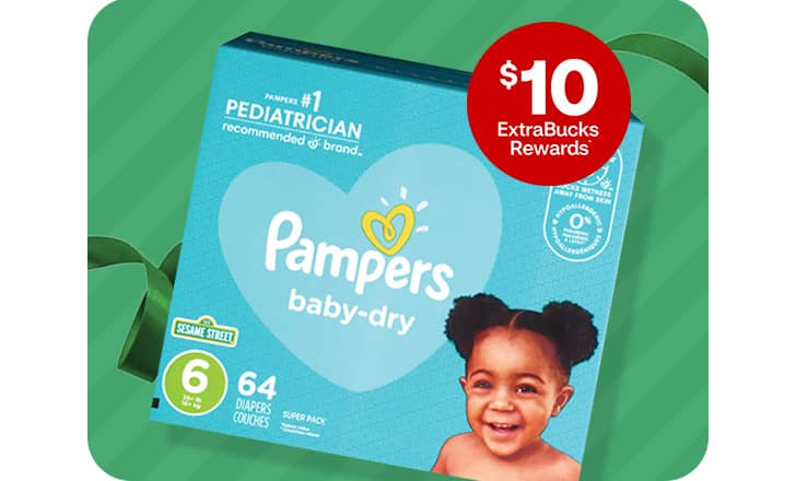 $10 ExtraBucks Rewards, a box of Pampers baby-dry diapers.