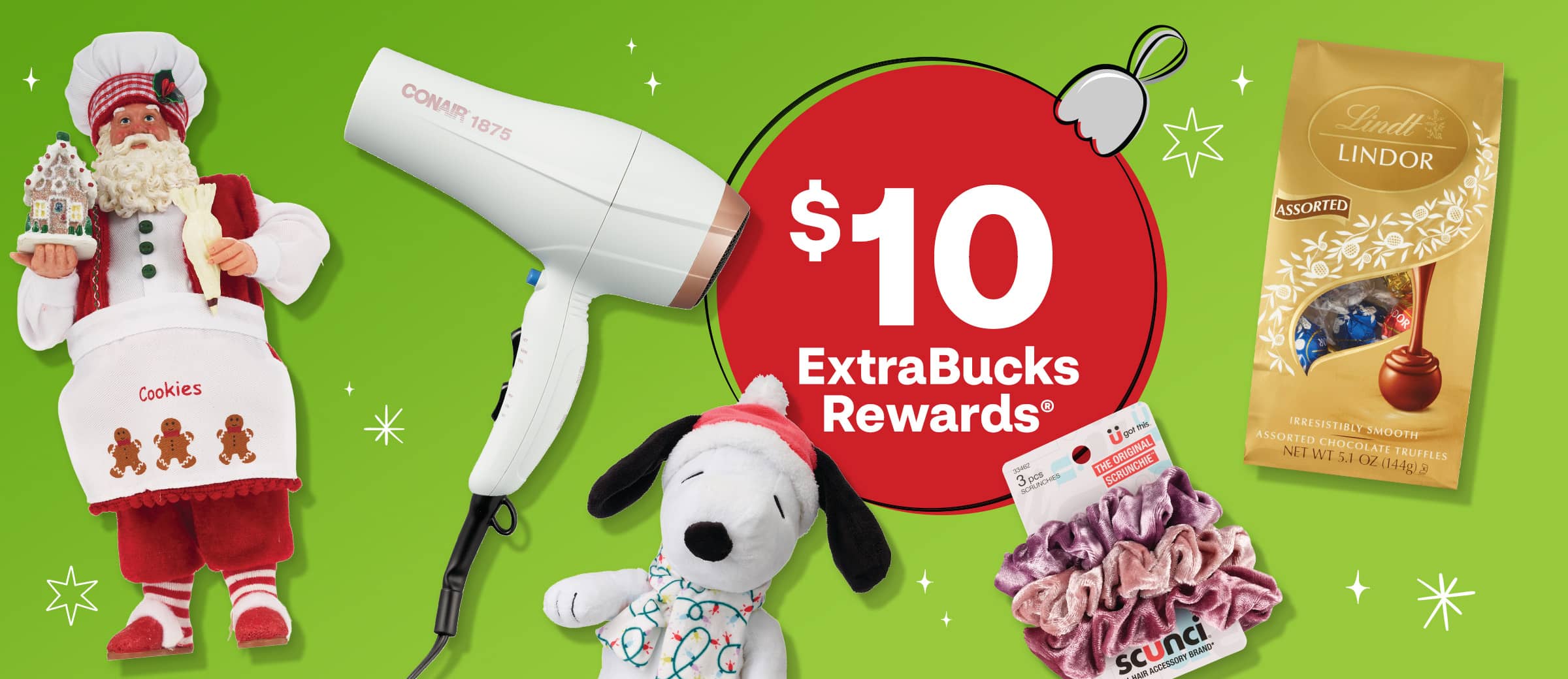 Look for this symbol for extra holiday savings! arrow pointing to ExtraCare holiday savings icon, $10 ExtraBucks Rewards*, examples of products available