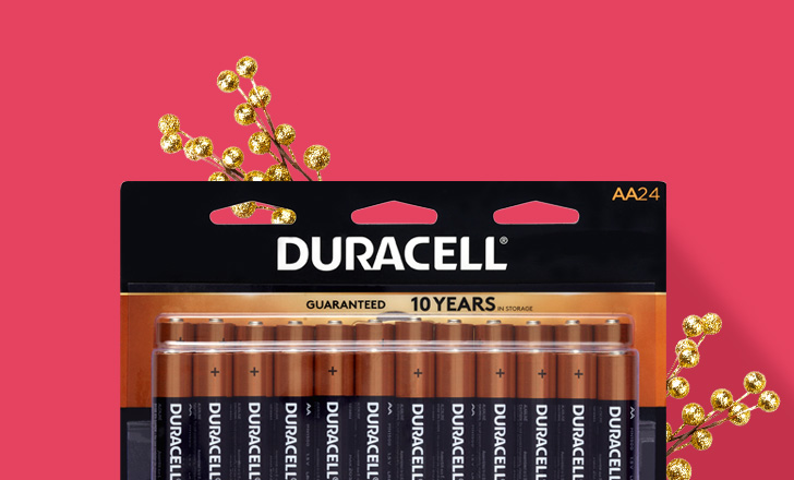Pack of Duracell AA batteries against a red background with gold holiday accents.