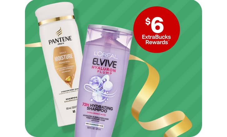 $6 ExtraBucks Rewards, a bottle each of Pantene Moisture shampoo and L'Oreal Elvive shampoo.