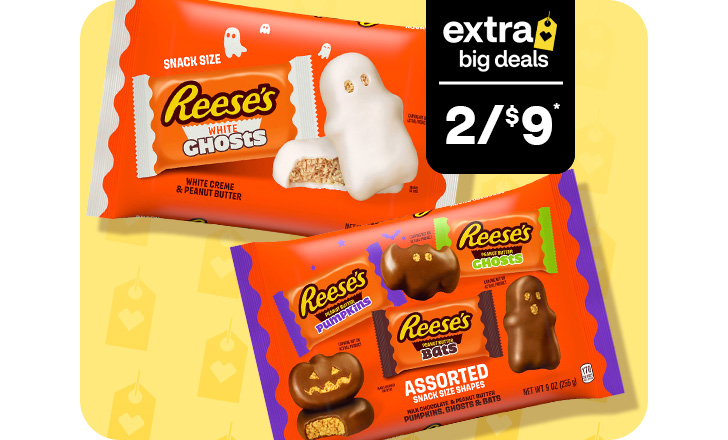 Extra Big Deals, two for $9. Reese's ghosts and assorted pumpkins, ghosts and bats.