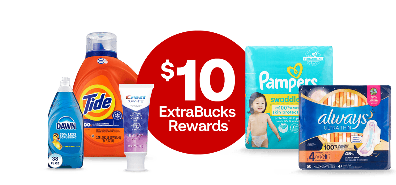 $10 de recompensas ExtraBucks Rewards, una botella de líquido para lavaplatos Dawn y otra de detergente para la ropa Tide, un tubo de pasta dental Crest 3D White, un paquete de pañales Pampers y otro de toallitas ultradelgadas Always.