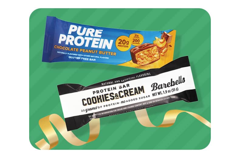 A bar each of Pure Protein Chocolate Peanut Butter and Barebells Cookies and Cream protein bar.