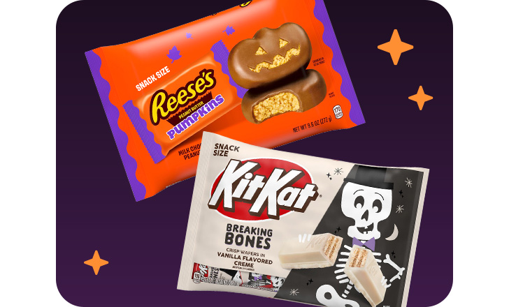 Reese's Pumpkins and Kitkat Breaking Bones candy.
