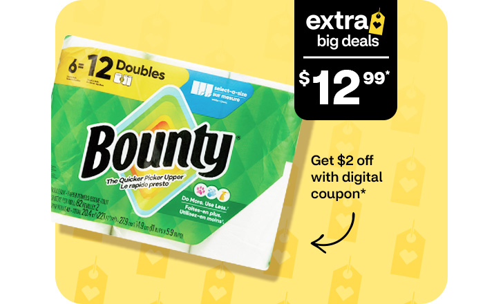 Extra Big Deals, $12.99. Pague $2 menos con un cupón digital. Toallas de papel Bounty