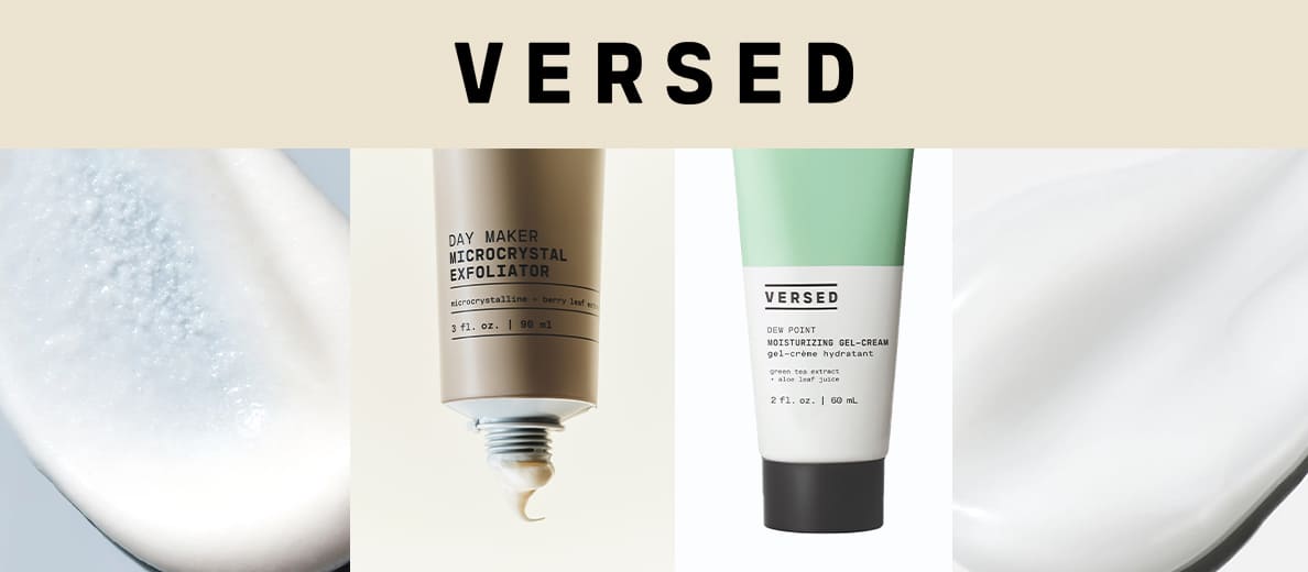 Versed logo. Day Maker Microcrystal Exfoliator and Dew Point Moisturizing Gel Cream