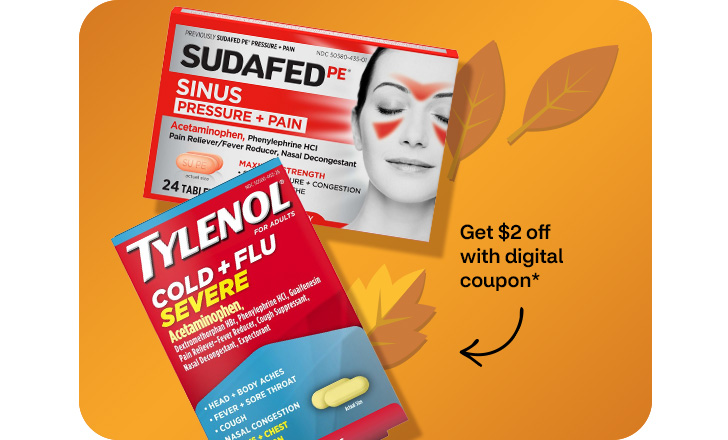 Get $2 off with digital coupon. Tylenol and Sudafed against an orange background with leaves and acorns.