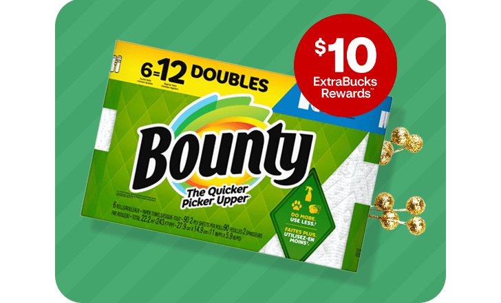 $10 ExtraBucks Rewards, a package of Bounty paper towels