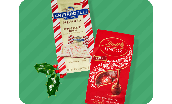 Bags of Ghirardelli Peppermint Bark squares and Lindt chocolate truffles