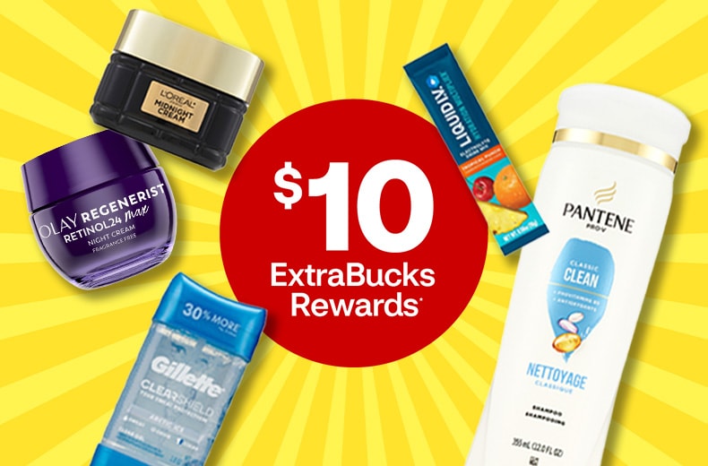 $10 en recompensas ExtraBucks Rewards. Pantene Classic Clean shampoo, Liquid I.V., Olay Regenerist Retinol night cream, Gillette deodorant and L’Oréal Paris Midnight Cream against a yellow sunshine background