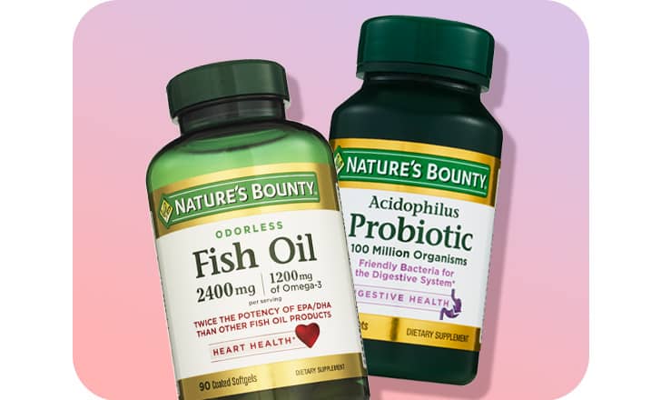 A bottle each of Nature's Bounty FIsh Oil and Probiotic supplements.