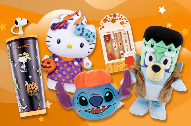 Peanuts Halloween-themed tumbler, plush Hello Kitty in costume, plus Stitch in a pumpkin hat, Peanuts Halloween-themed press-on nails, plush Bluey dressed as Frankenstein