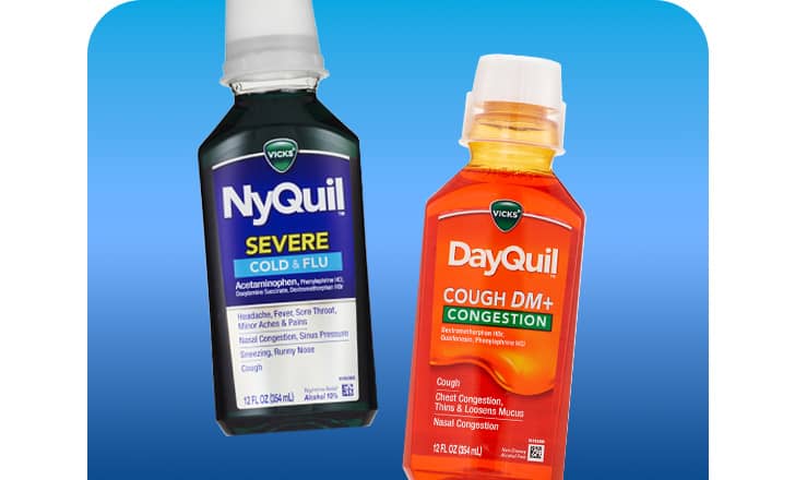 NyQuil severe cold and flu and DayQuil cough DM congestion cold remedies.