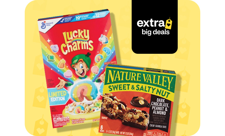 Extra Big Deals. Lucky Charms and Nature Valley chocolate peanut bars.