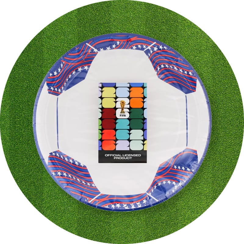 Red, white and blue soccer plates with stars on it and a label showing the FIFA World Cup trophy graphic and "Official Licensed Product" text against a green grass background