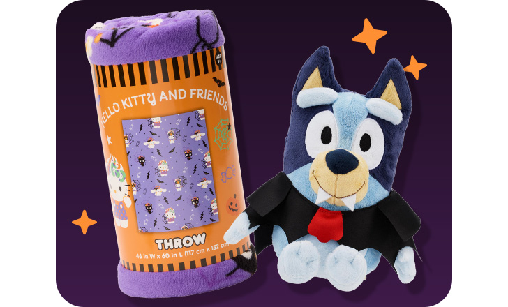 Halloween Hello Kitty and Friends throw blanket and Bluey vampire plush doll.