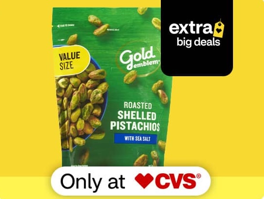 Extra big deals, Gold Emblem value size pistachios, only at CVS