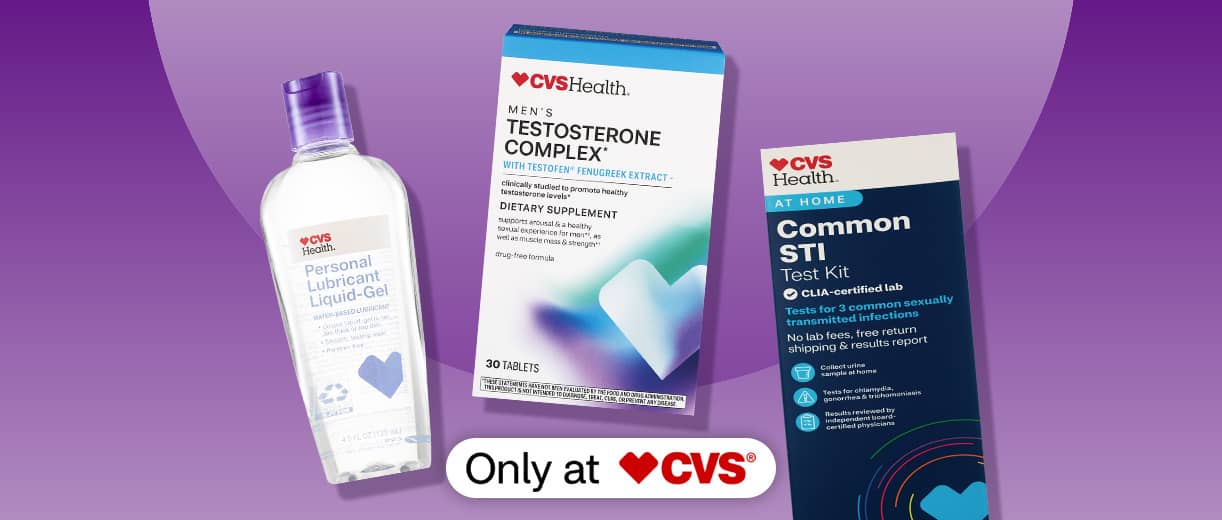 CVS Health Personal Lubrican Liquid-Gel, Testosterone Complex dietary supplement and Common STI test kit, only at CVS