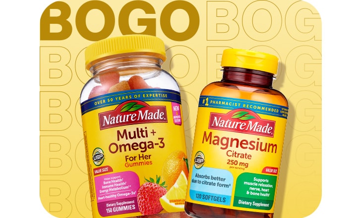Buy 1, get 1 50% off. Nature Made Multi+ Omega-3 and Magnesium.